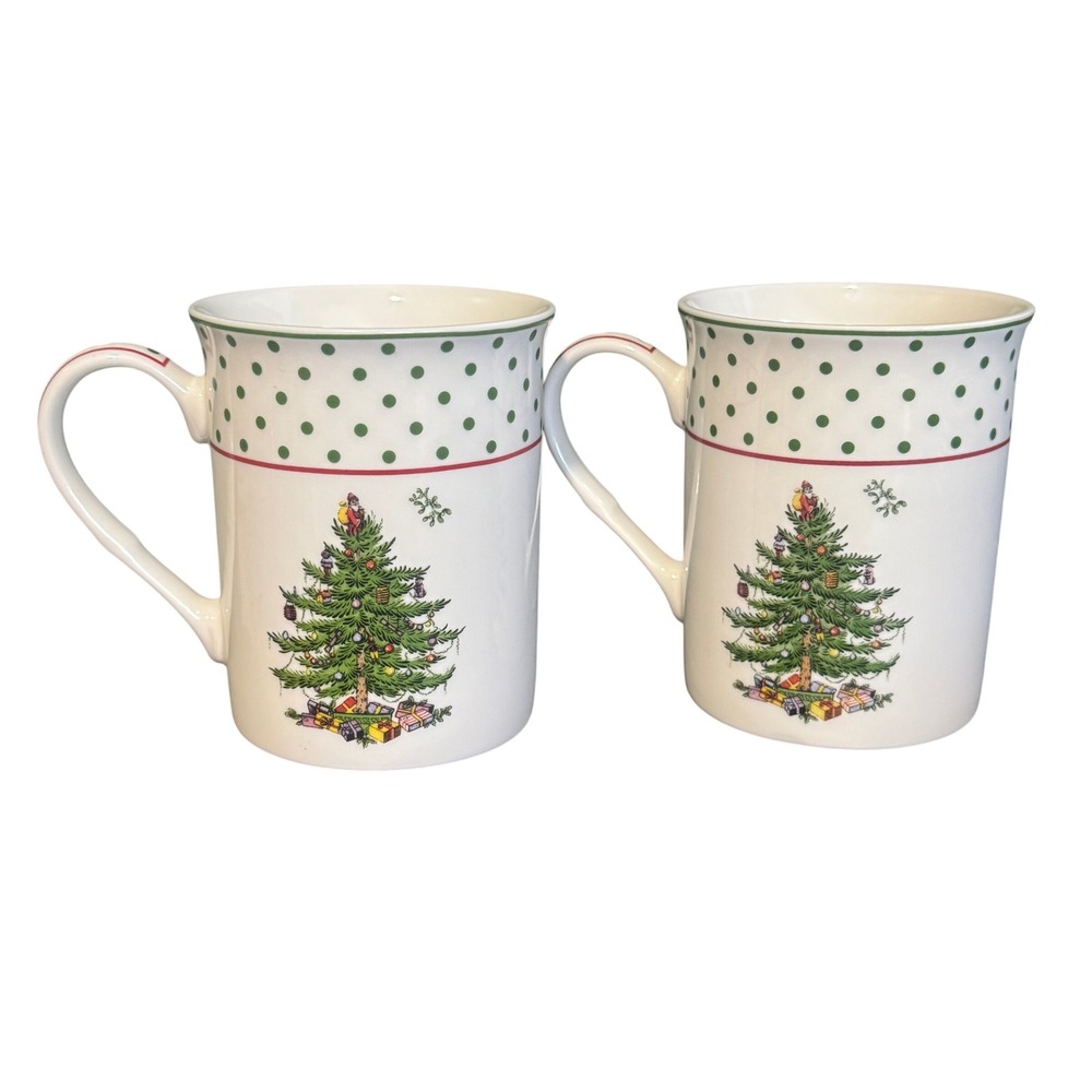 Spode Christmas Tree Polka Dot Mug Set of 2 Ceramic Coffee Tea Cups T2403 - Picture 2 of 6